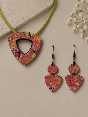 Handmade Marbled Red Polymer Clay Statement Pendant Necklace  & Earring Set